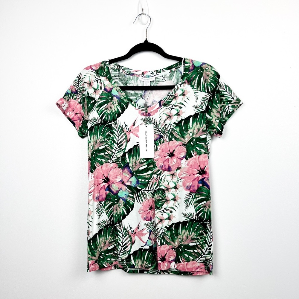 Carolina Belle NWT Short Sleeve White Tee Tropical Leaf Pink Flower Butterfly
